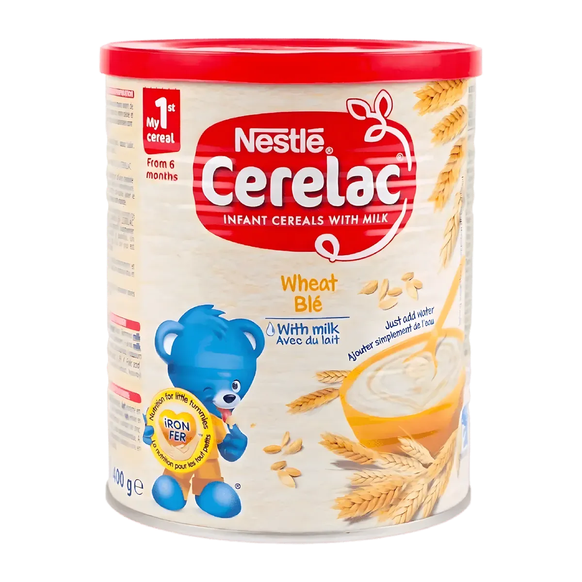 Boîte de céréales bébé blé lait Nestlé Cerelac avec illustration d’ours bleu, idéale dès 6 mois, dans la catégorie Crèmerie & Laitier.